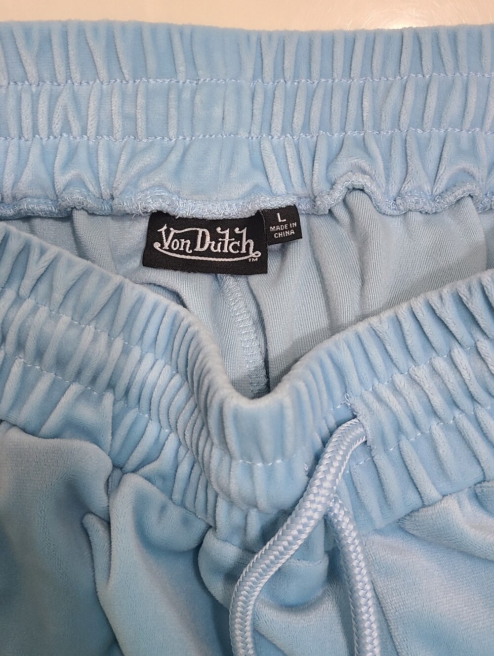 Von Dutch Women’s Blue Velour Rhinestone Logo Y2K Retro Wide Leg Sweatpants Sz L - Picture 9 of 16